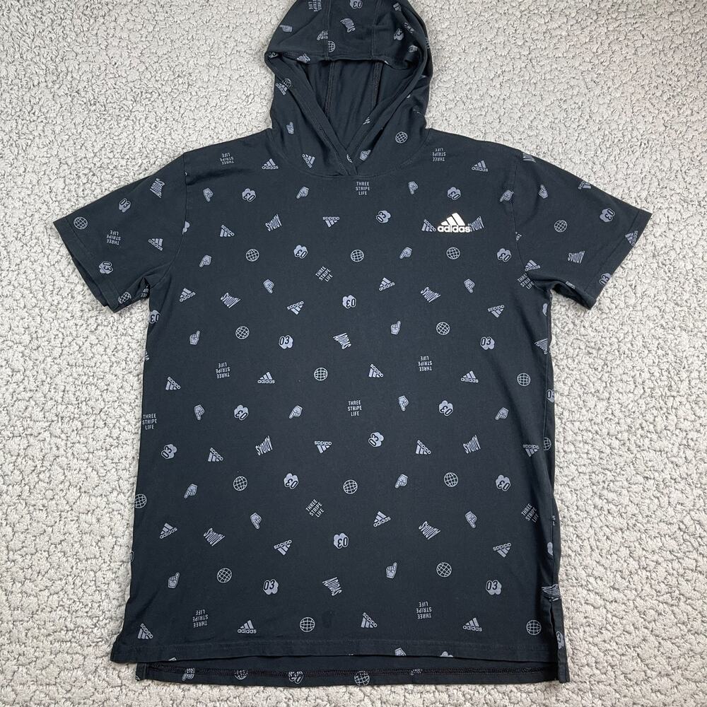 Adidas Hooded Short Sleeve Shirt Youth XL (18/20) Black 3 Stripe Logo AOP